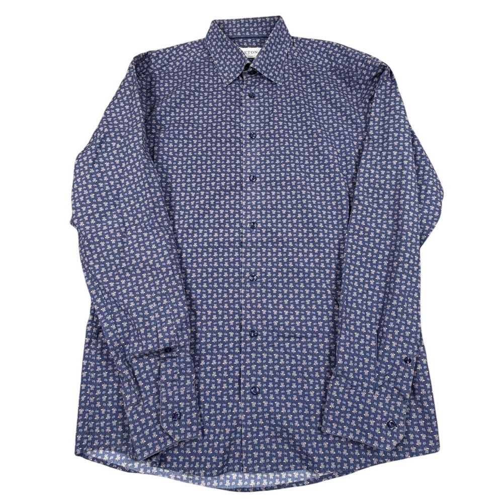 Eton Dress Shirt Mens 16.5 Blue Micro Paisley Slim Fit Poplin Cotton Long Sleeve